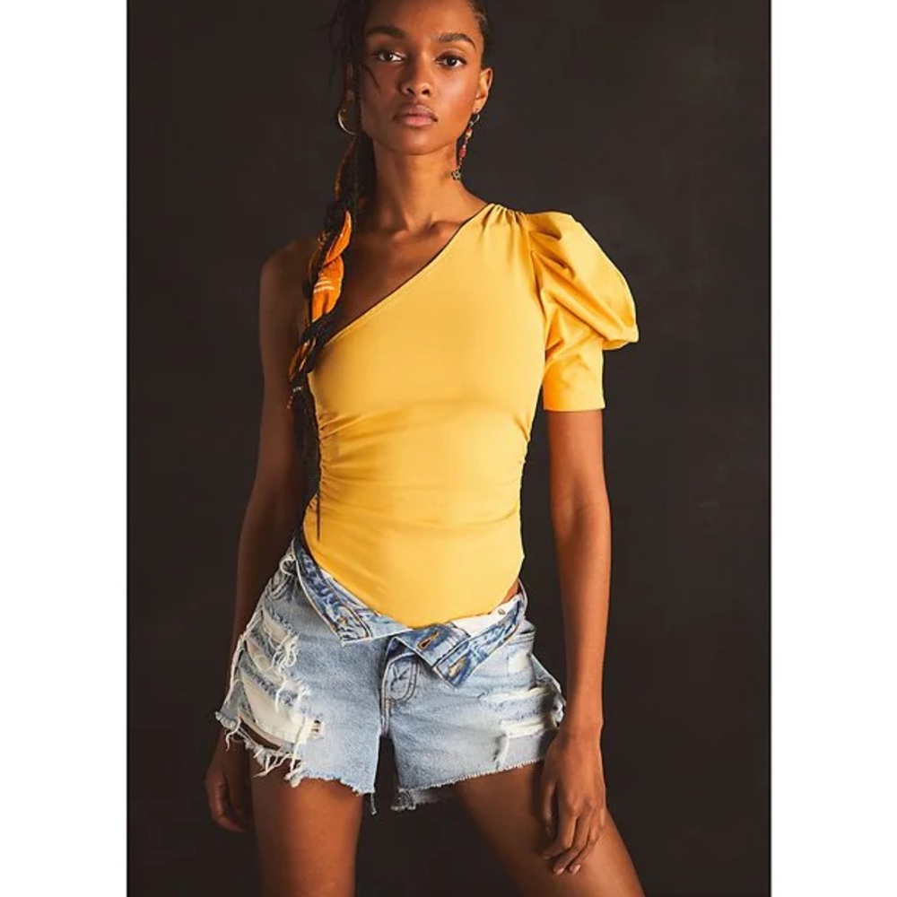 Free People Somethin' Bout You One Shoulder Short Puff Sleeve Bodysuit